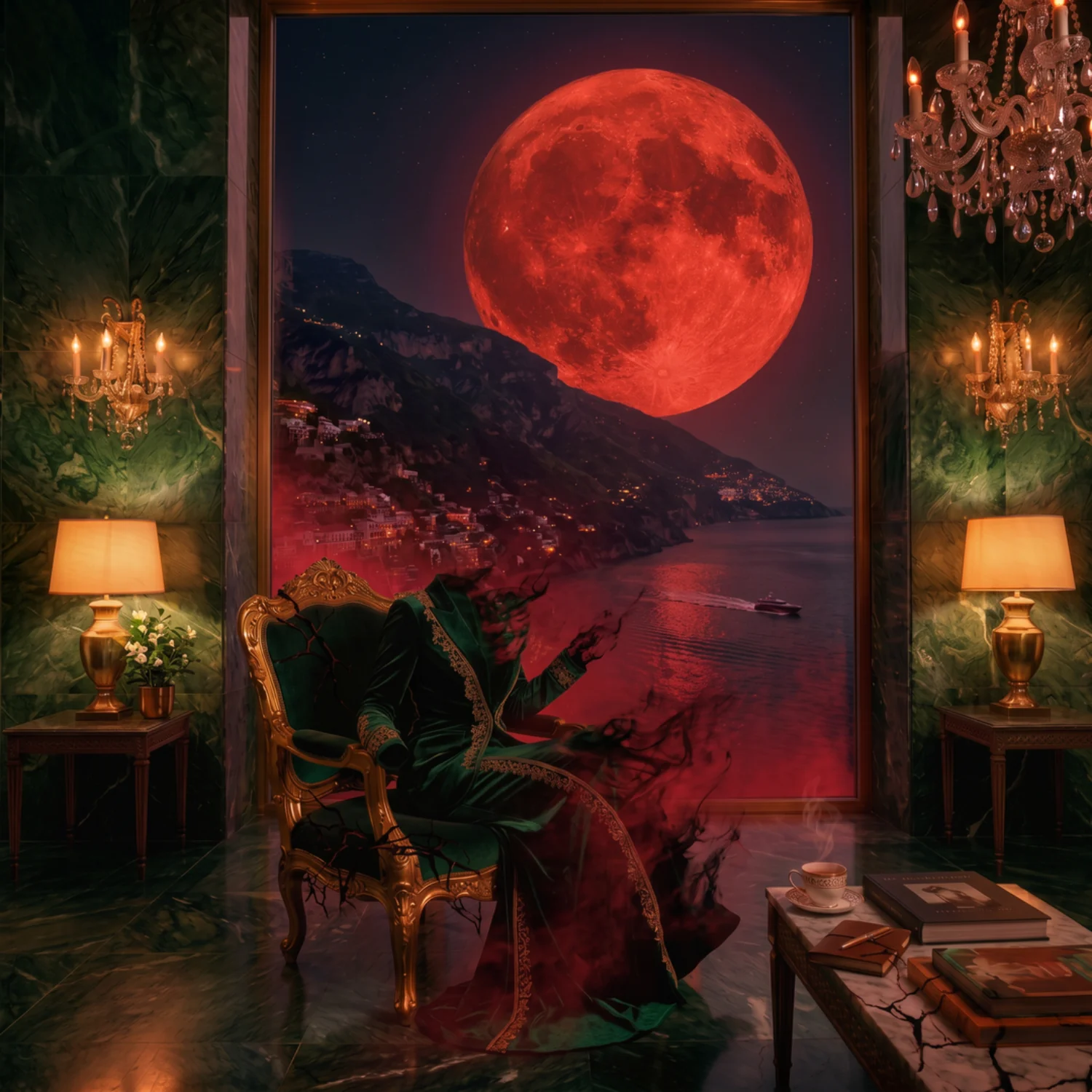 Crimson Reverie concept artwork: a vast red moon over a coastal night scene framed by a dark, candlelit room
